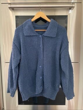 Men's Blue Fuzzy Button-Up Cardigan Sweater
